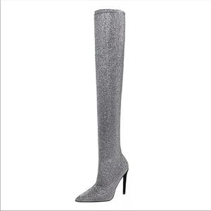 slim leg sparkle knit material knee high boots